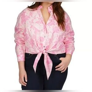 NEW Plus Size 3X Michael Kors Woven Palm Printed Tie Front Cotton Blouse $98